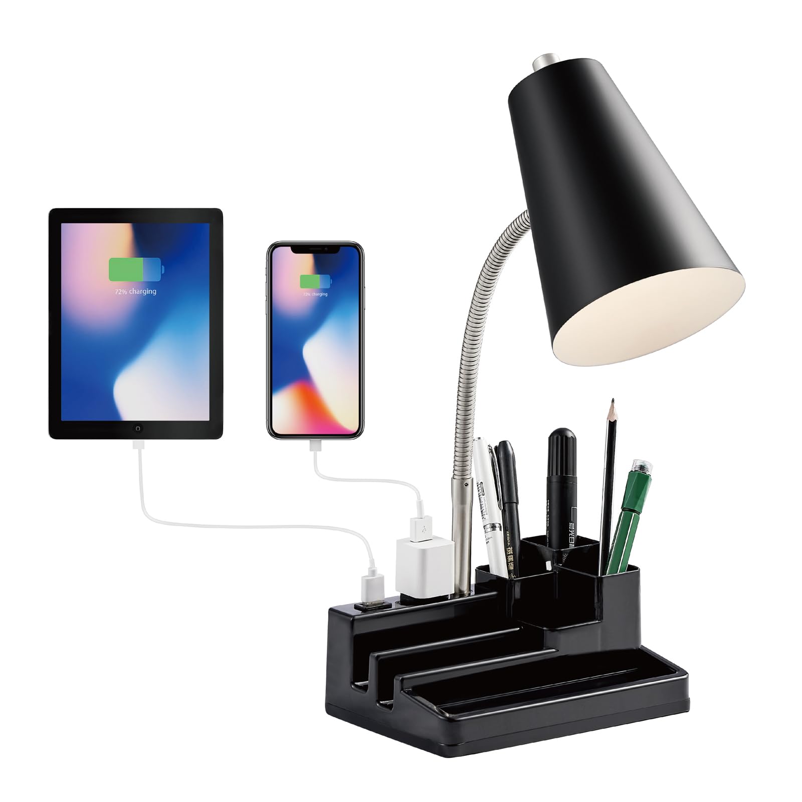 HonoDing E26 Desk Lamp with 1 USB Charging Port and 1 AC Outlet, Organizer Base, Adjustable Neck, On/Off Switch, Modern Table La