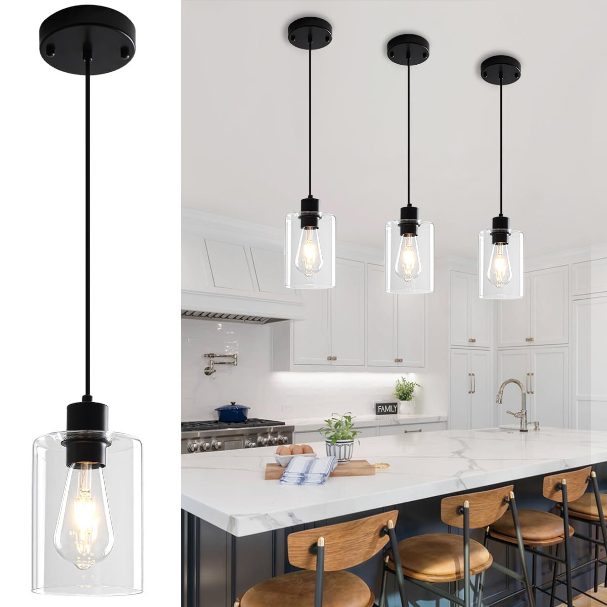 ZSMIHDOH Black Pendant Lights Kitchen Island 3 Pack  Modern Pendant Lighting Over Island Kitchen Hanging Light Fixtures Glass Pendant Lights for Hallway Entryway Bedroom Dining Room (3-Pack Black)