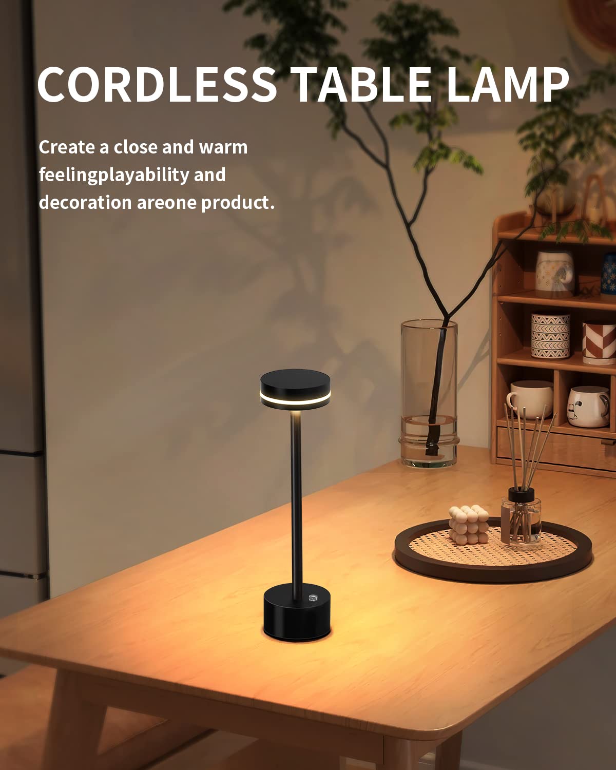 PUSU Cordless LED Table Lamp Set of 2, Touch Control, 3-Level Brightness, Black, Battery Powered, Model AMZ-TBL1800-B2