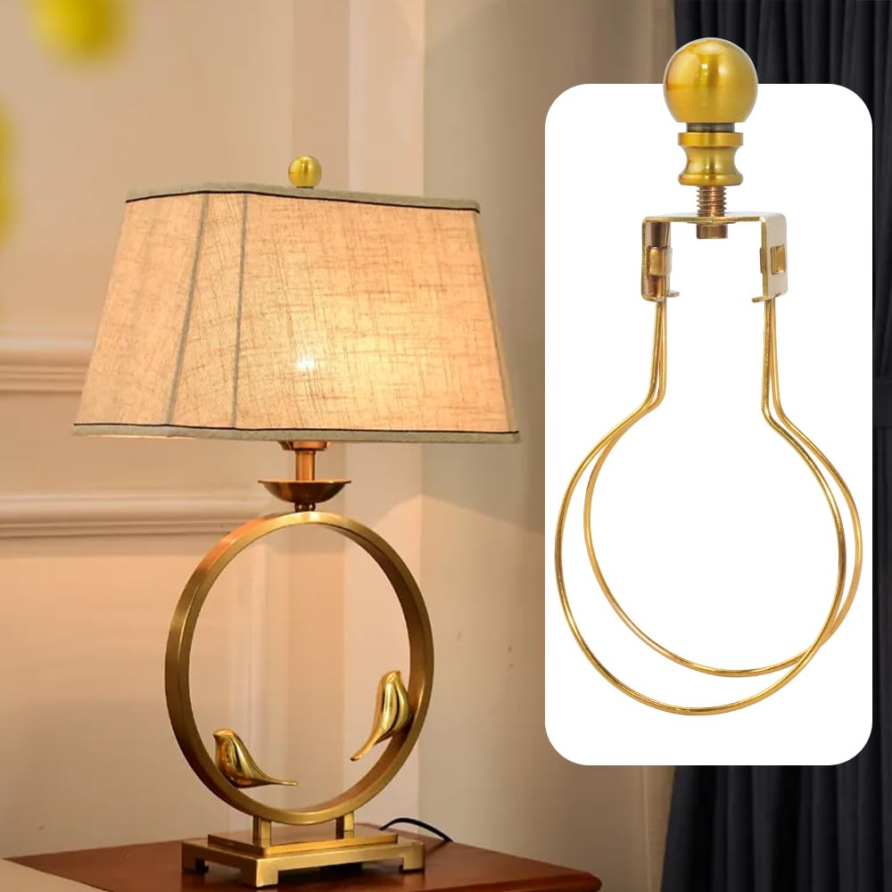 Asjeumt 2 Pieces Lamp Shade Light Bulb Clip Adapter Kit, Antique Gold Lampshade Holder With Round Top Finial, No Harp Required,