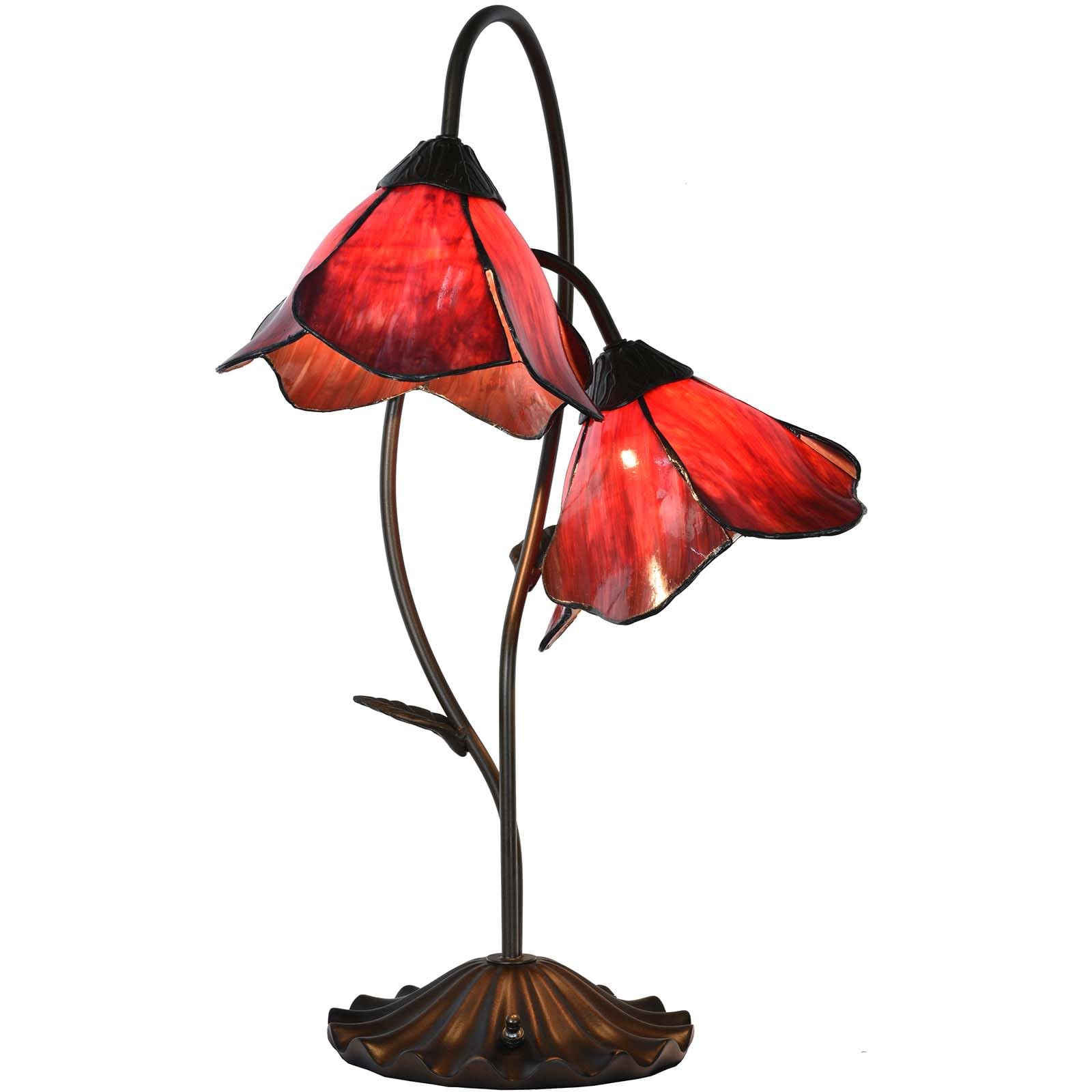 Bieye L12019 Flower Tiffany Style Stained Glass Table Lamp with 8-inch Wide Bent Glass Lampshade Lily Pad Base (Red, 2-Light)