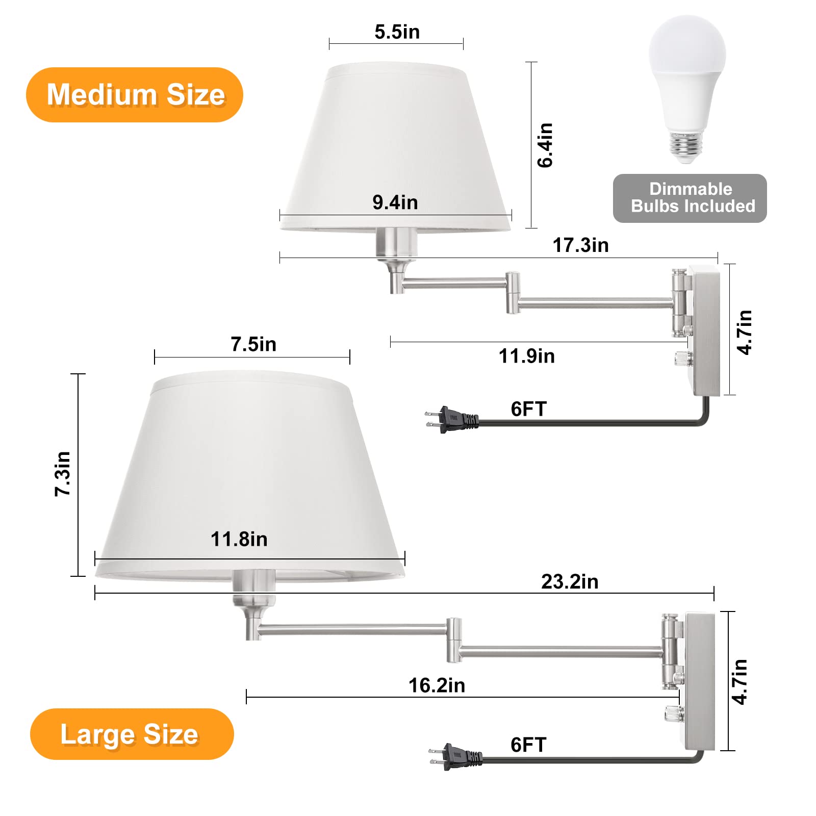 TRLIFE Dimmable Wall Sconce with Remote Control, Adjustable 2700K-6500K, Large White Fabric Shade, Model BYsconce-L-ReWhi, 2 Pack
