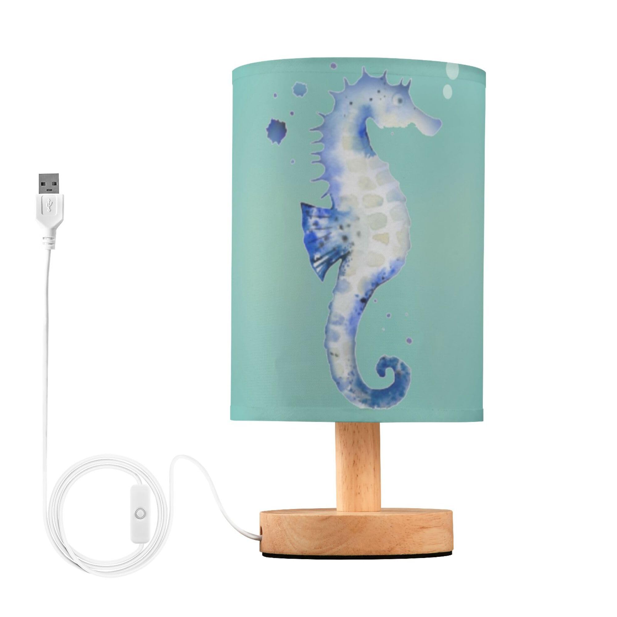 YYZZH Watercolor Blue Seahorse Ocean Bubble Nightstand Table Lamp with Wood Base Fabric Lamp Shade Bedside Desk Lamp for Living 
