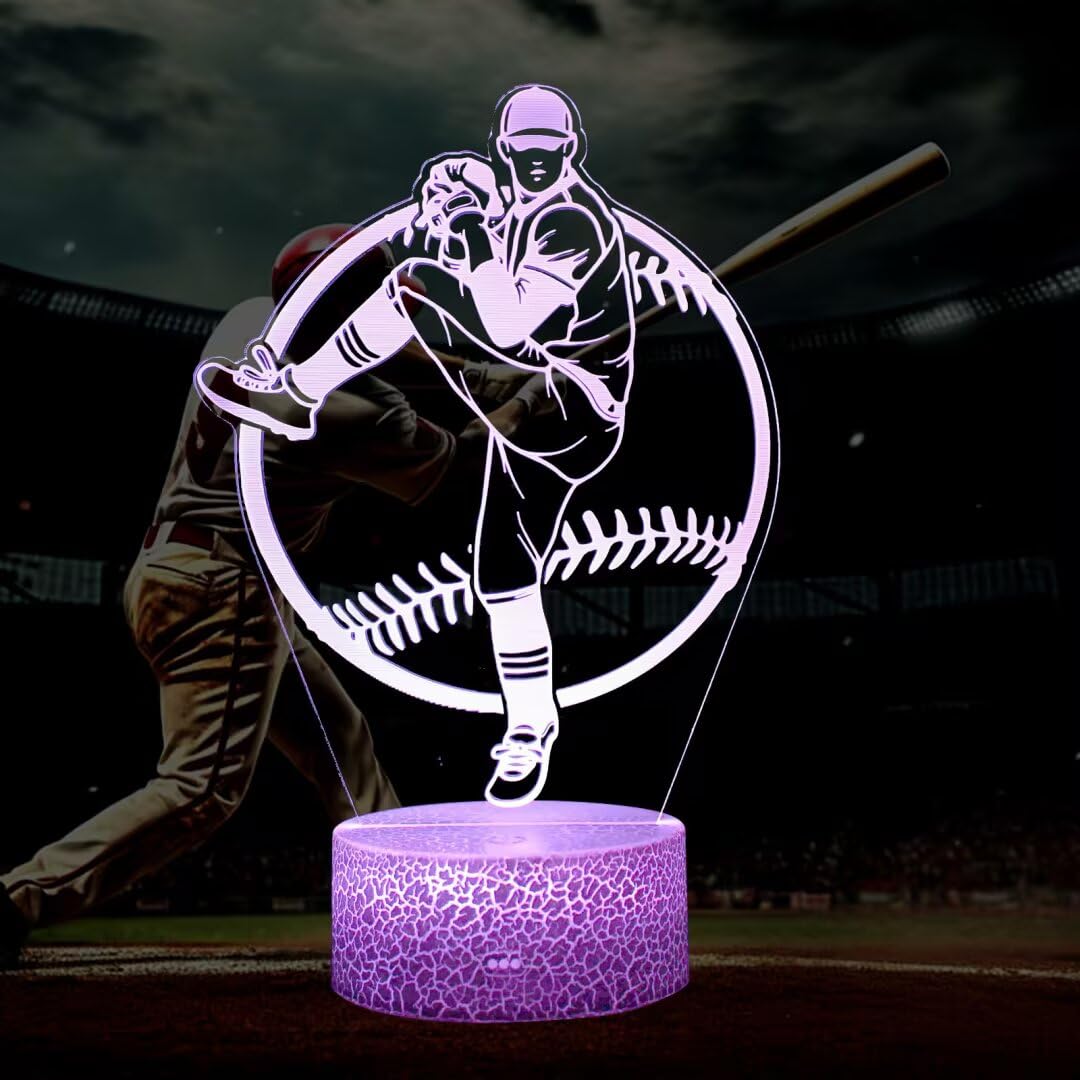 Yzddsi 3D Baseball Night Light for Kids - 16 Color Changing LED Lamp with Remote, Timer & Touch Base - USB or Battery Powered Sp