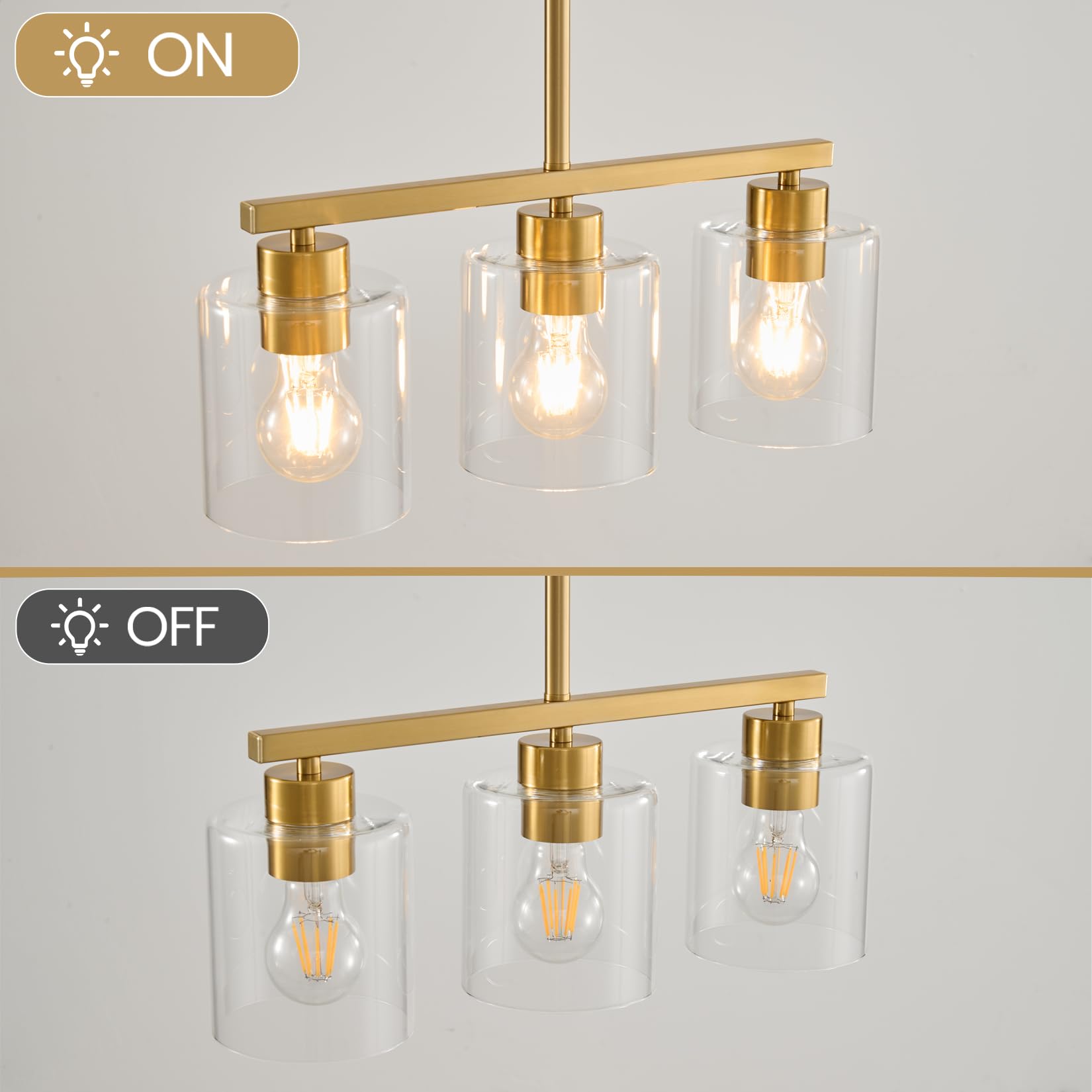 Rocunsi 3-Light Gold Kitchen Island Lighting  Gold Pendant Light Fixture  Farmhouse Dining Room Light Fixtures Over Table  Modern Hanging Light Fixtures With Clear Glass  E26 Base  Bulbs Not Included