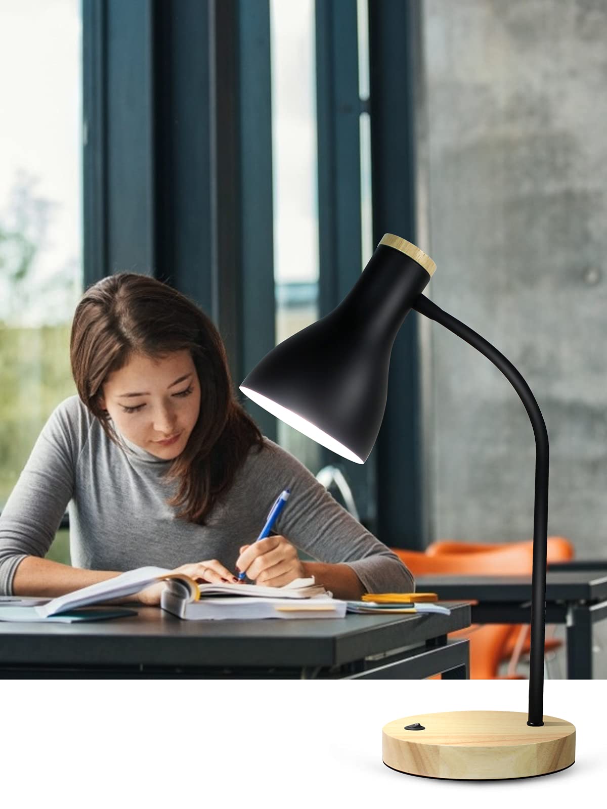 Metal Desk Lamp Table Lamp Reading Lights Arc Desk Lamps For Bedroom, Wood Base Bedside Lamp With Flexible Gooseneck For Study R