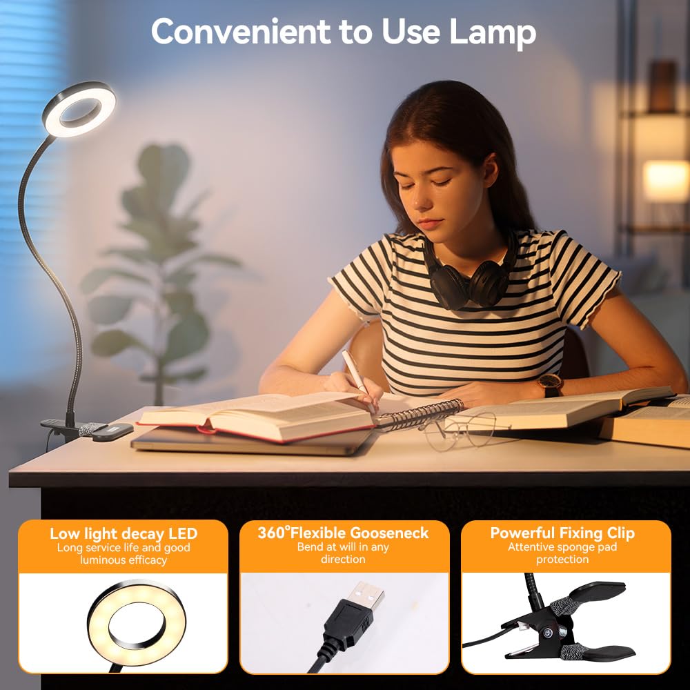 Skymore Clip On Light, Reading Light Book Light With Clamp, 3 Color Modes&10 Brightness Desk Light Clip On For Table, Bed Headbo