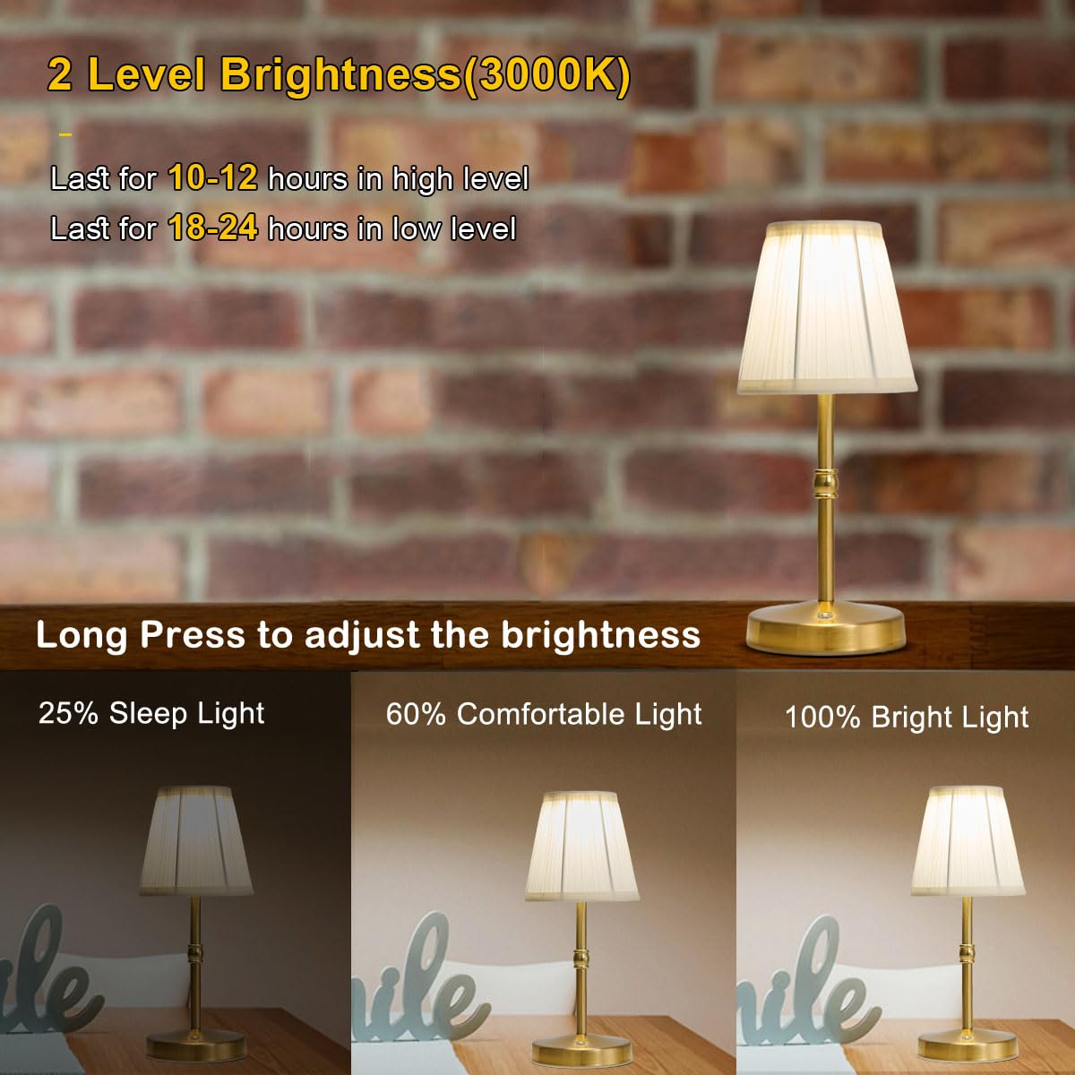 Mini Cordless Brass Lamp,2000Mah Battery Operated Lamps,2 Level Of Brightness Led Gold Lamps,5W Led Brass Rechargeable Light,Sma