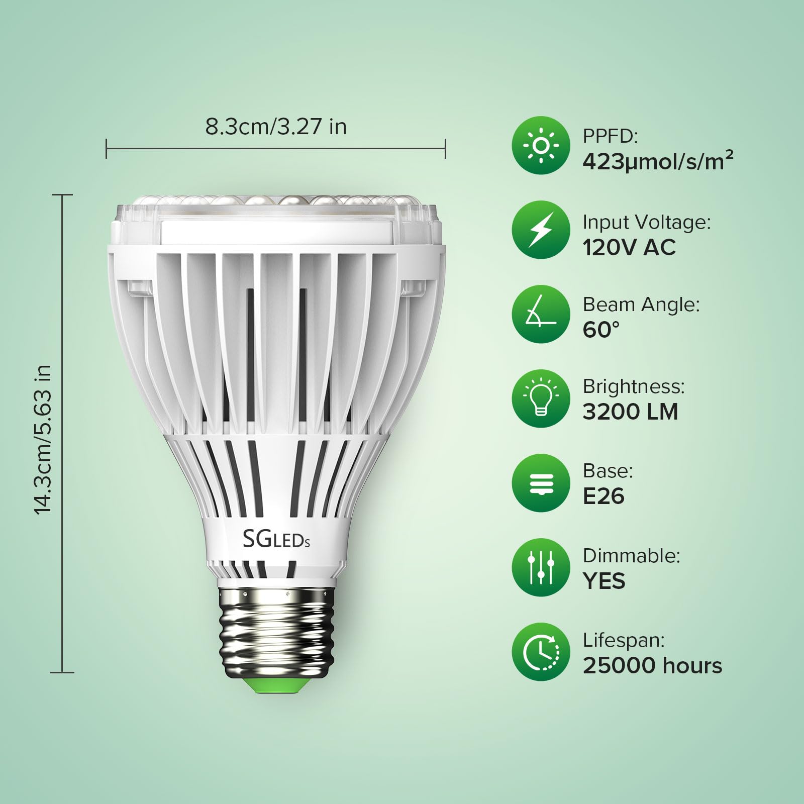 SGLEDs Dimmable Grow Light Bulb, Full Spectrum, 32W PAR20, Grey, Model C23ZW005, Remote Control, Auto On/Off Timing