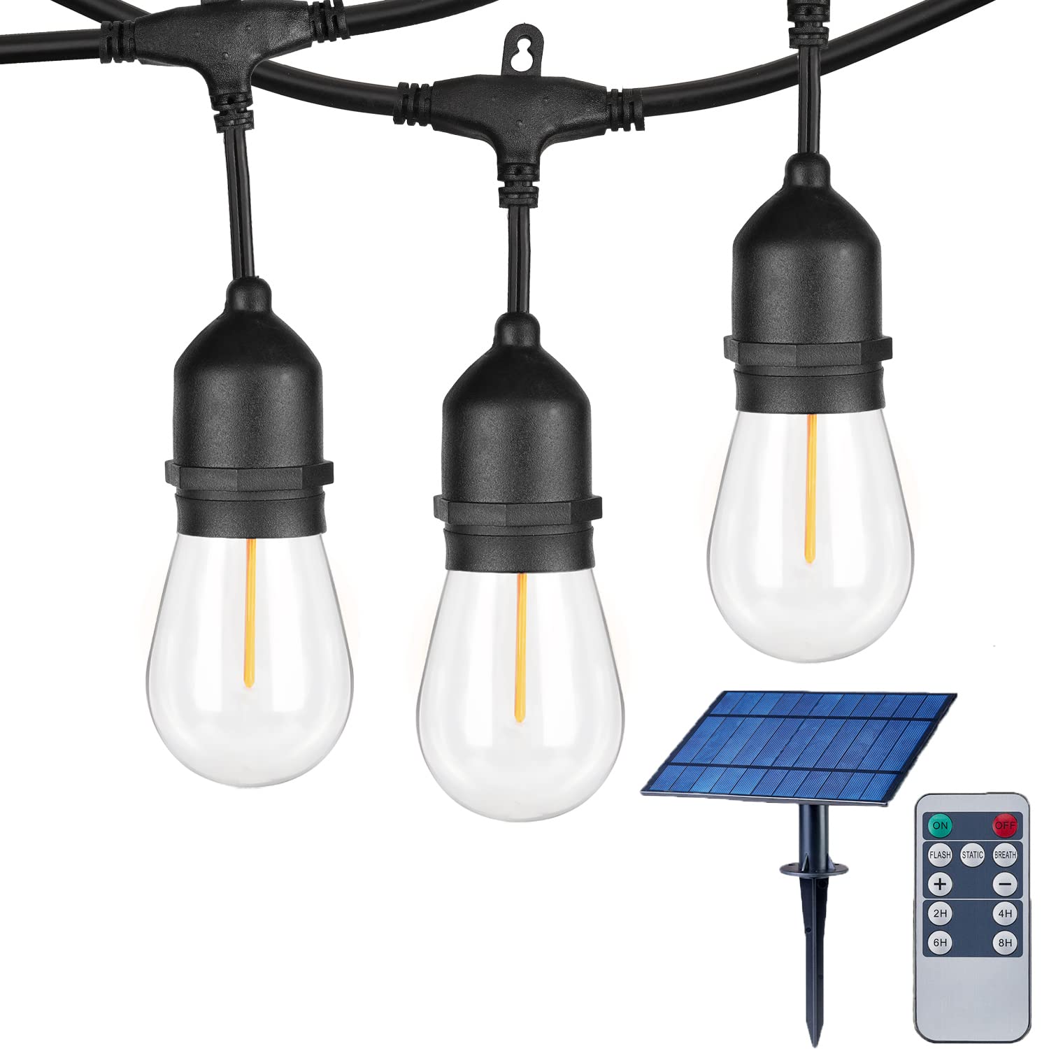 IPStank Solar String Lights 50FT, 15 Dimmable Shatterproof Edison Bulbs, Waterproof Color Changing, Multicolor, Model YGM-S14-15S