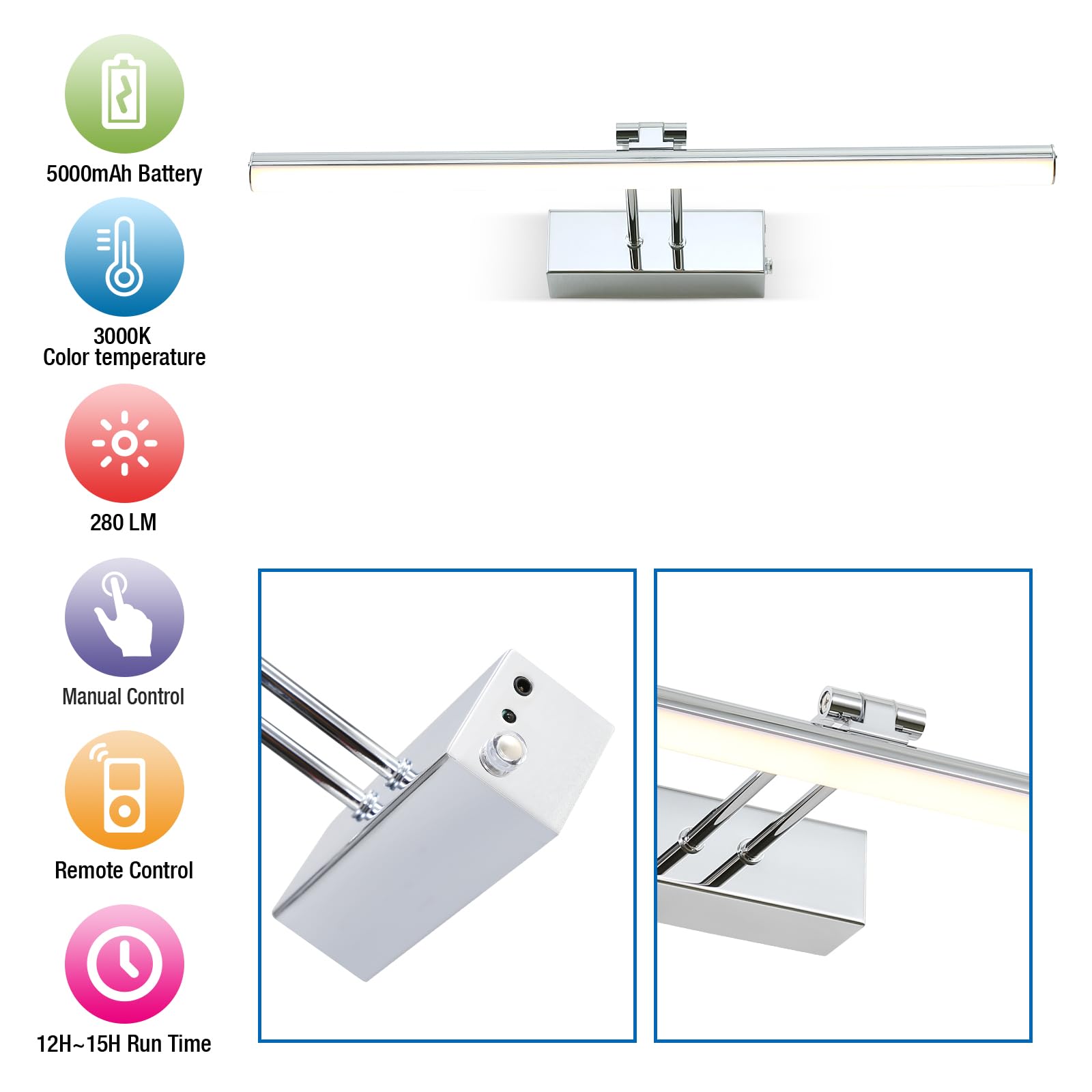 HOWMZON Battery Picture Light, 16in Wireless Art Light, Full Metal, Chrome, Model HW2309