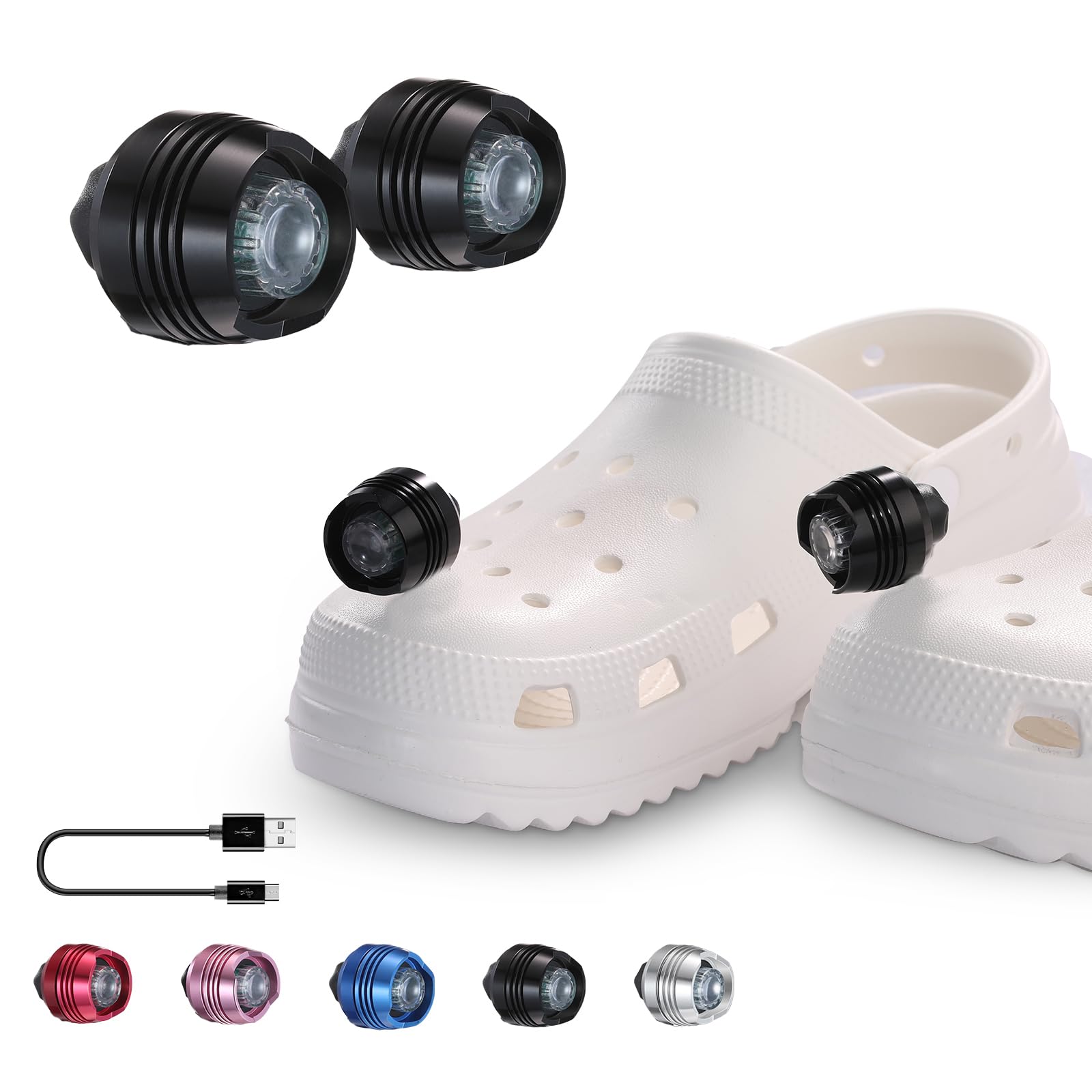 RAHAN Rechargeable Headlights, 2pcs Flashlight Clog Charms, 3 Light Modes, Aluminum, X-Black, Model: headlight for cros-black