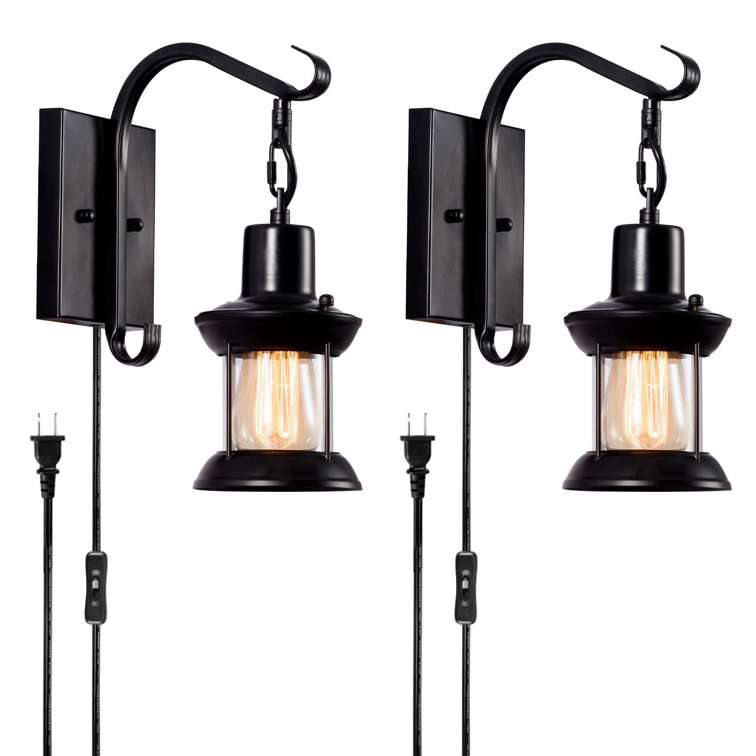 GLADFRESIT Rustic Wall Lamps, Lantern Wall Sconce Plug in Black Antique Wall Sconce Fixtures Farmhouse Interior Wall Lighting fo