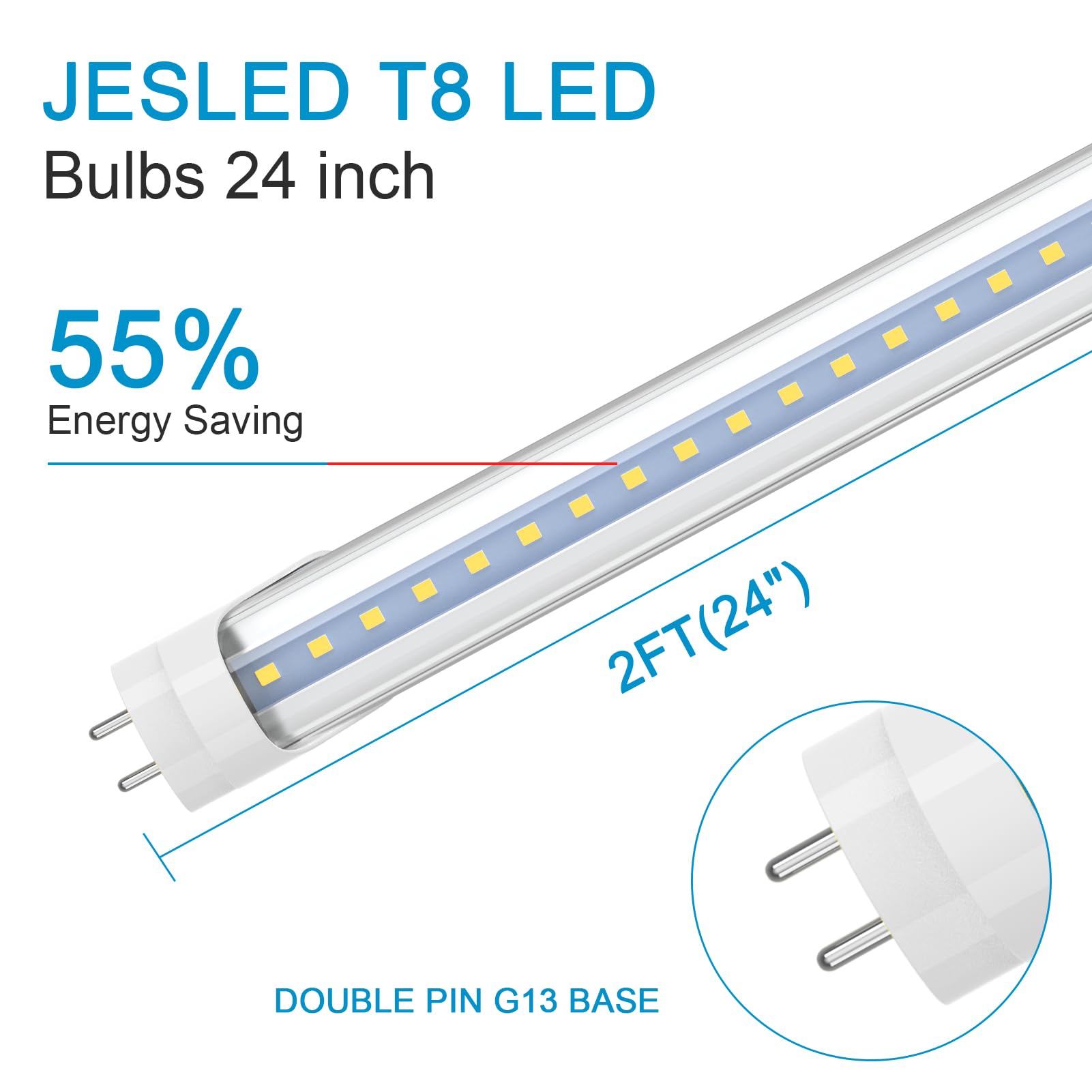 JESLED 2FT T8 LED Tube Light, 10W (24W Equivalent), 5000K Daylight, 1120LM, Clear Cover, 12 Pack, Ballast