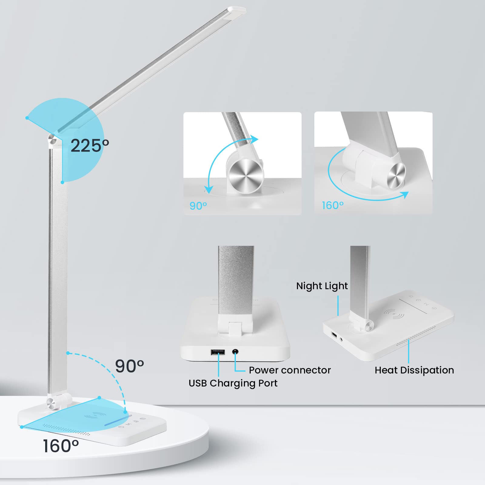 JOSTIC LED Desk Lamp with Wireless Charger, Touch Control, 10 Brightness, 5 Color Modes, Aluminum, White - Model EK009A