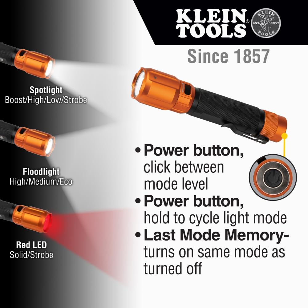 Klein Tools Rechargeable LED Flashlight 1000 Lumens, Spotlight & Floodlight, Anodized Aluminum, Model 56413, White
