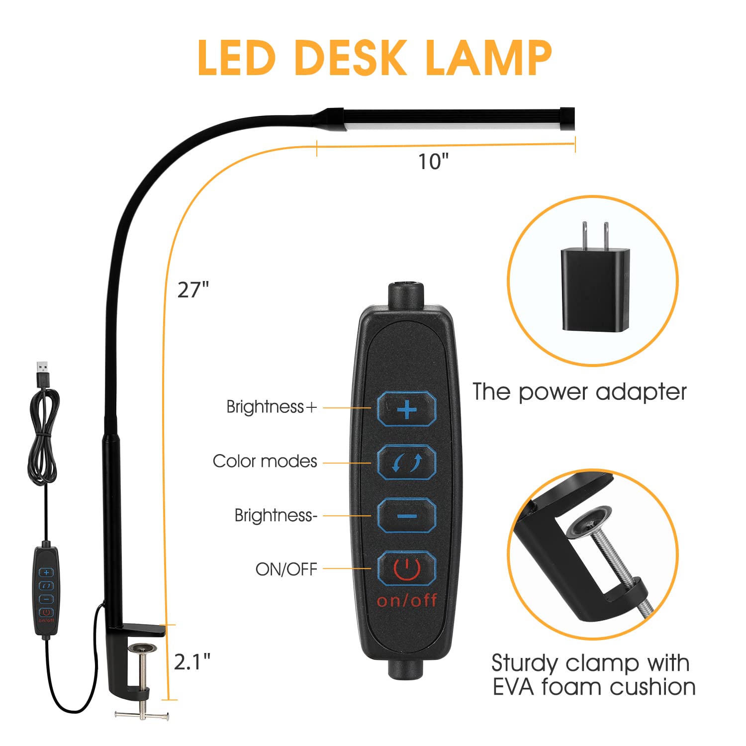Voncerus LED Desk Lamp with Clamp, 3 Modes, 10 Brightness Levels, Gooseneck, Aluminum, Black