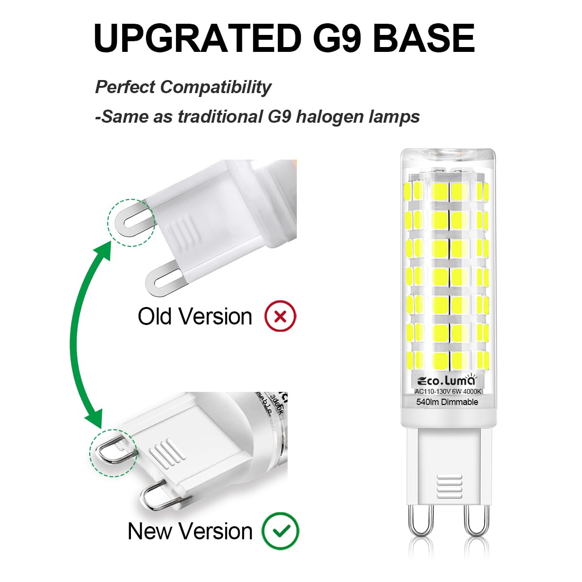 Eco.Luma G9 LED Bulb, 6W 540 Lumens, 6000K Daylight White, Dimmable, G9 Bi-Pin Base, 6 Count, Ceramic