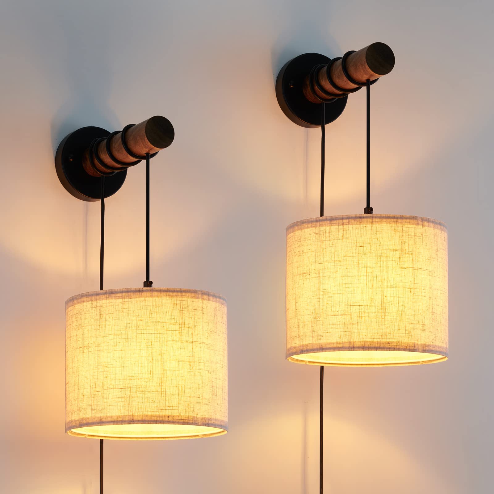 Xsdetu Wall Sconces Set Of Two, Plug In Sconces Wall Lighting With Fabric Shade, Farmhouse Wall Lamps With Plug In Cord, Rustic Wall Lights With Wood Arm And On/Off Switch For Bedroom, Living Room