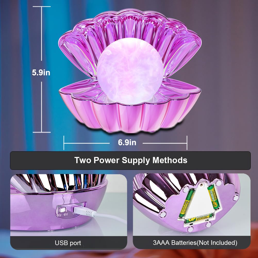 LKUA Night Light - RGB Shell Pearl Lamp, Electroplating Purple, Portable Clamshell Design, Model LK-P