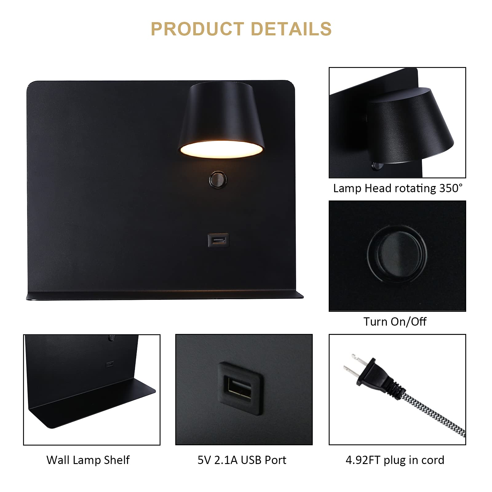 Plug In Cord Wall Sconce With Usb Port Charging, Led Wall Lamp With Shelf Lights Fixture Reading Lights For Bedside Rotation Wal