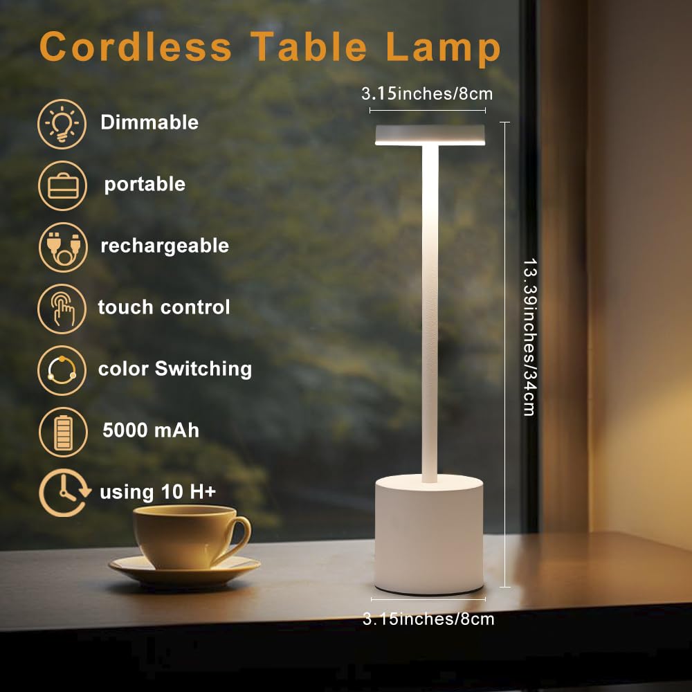 2 Pack Led Cordless Table Lamp, Portable 5000Mah Rechargeable Table Lamp, Touch Control Outdoor Table Lamp, 3 Color Dimmable Cor