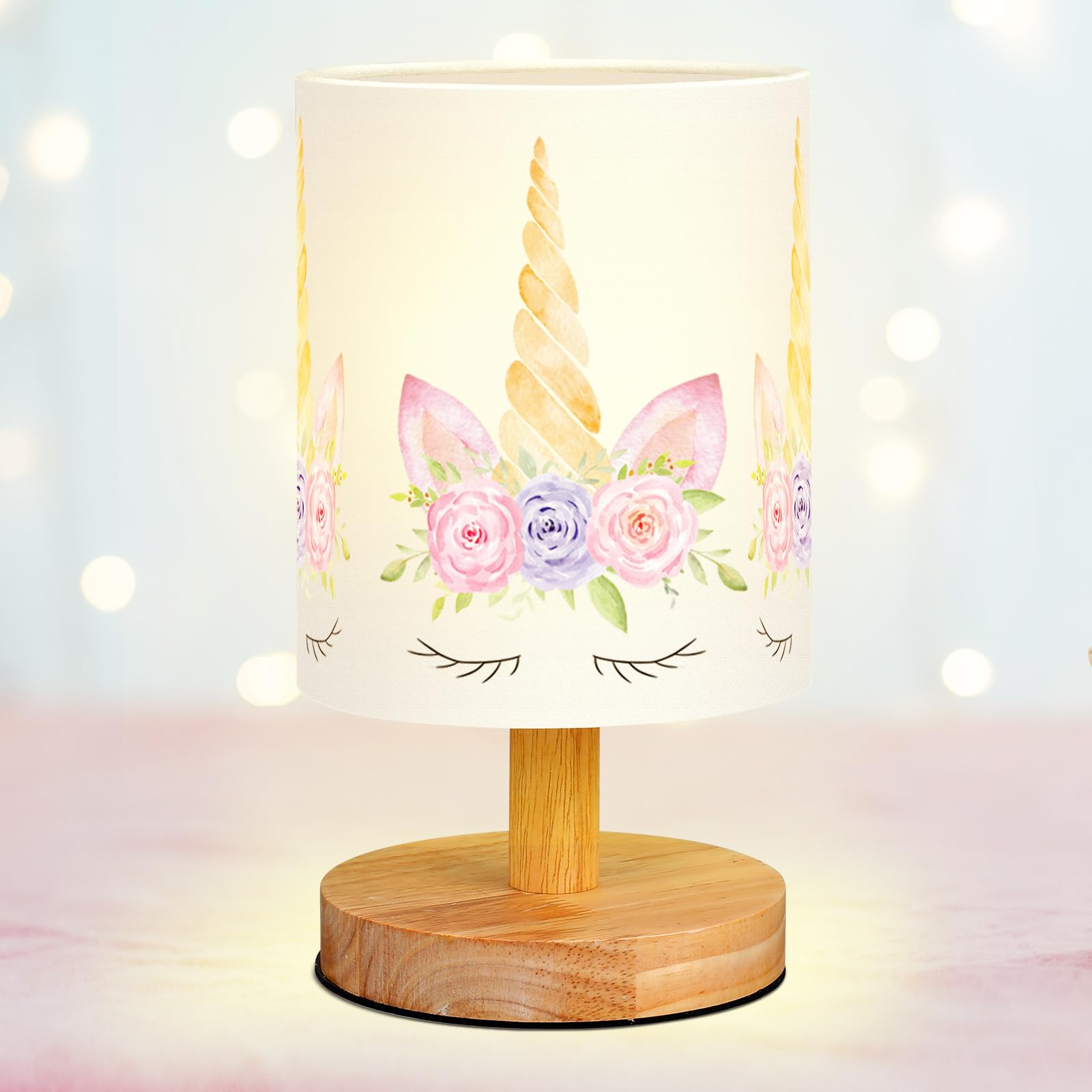 VIHOSE Unicorn Table Lamp for Bedroom Kids Bedside Lamp with Linen Wooden Nightstand Lamp Cartoon Nursery Lamp Lampshade for Gir