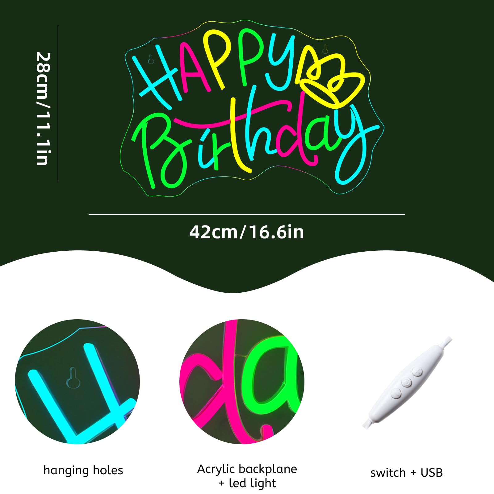 WLHOPE Happy Birthday Neon Sign - LED Wall Decor for Parties, Transparent Acrylic, Ideal Gift for Friends and Children