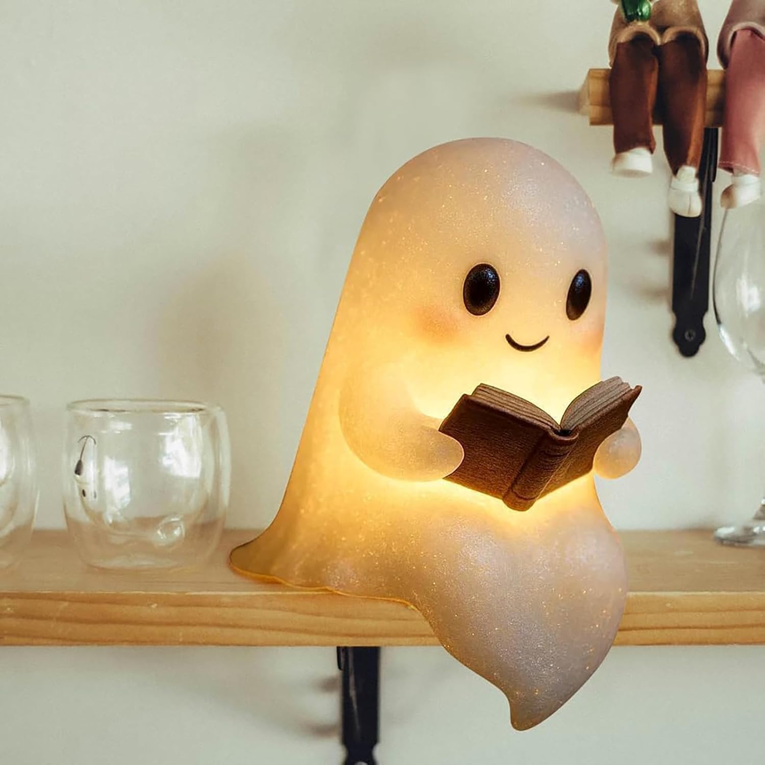 XUANDOH Ghost Reading Book Lamp, Ghost Lamp Halloween Cute 3D LED Night Light, Light Up Ghost Statue Night Light House Mantel De