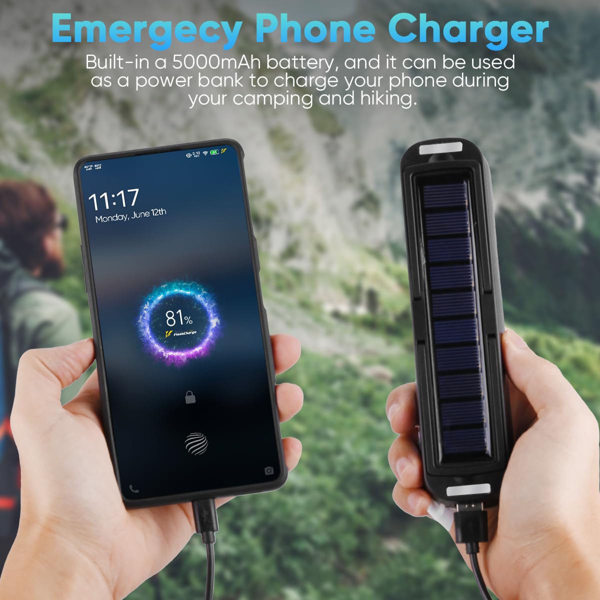 Nakcnm Camping Lantern Solar, Led Camping Lanterns Rechargeable 5 Modes, Camping Light With Magnet And Hook 5000Mah, Portable Waterproof Camp Light For Camping Hurricane Emergency Power Outage-Black