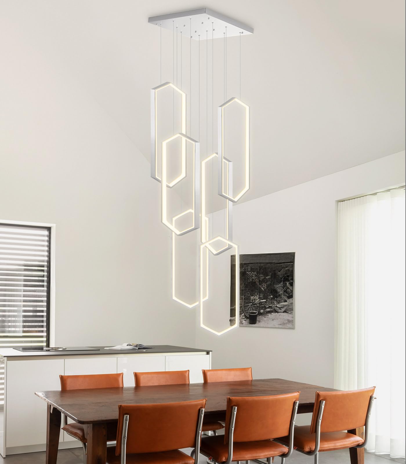 dolria 6 Rings Chandelier LED Pendant Light, Dimmable, Flush Mount, Metal, 20in x 9.4in x 78in, Silver, Model PC1015-