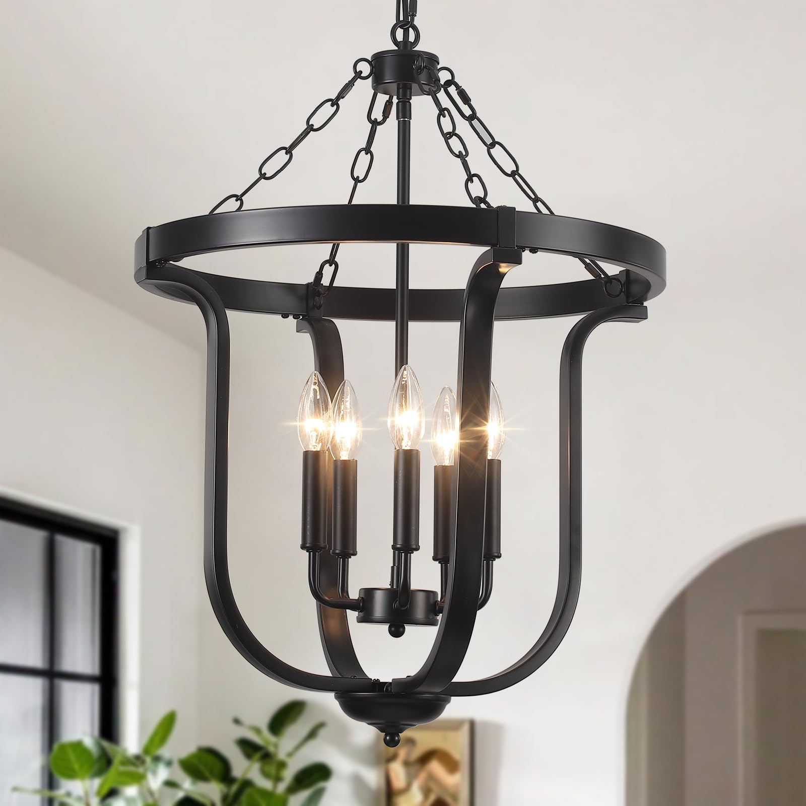 Black Farmhouse Chandelier 5 Lights,19    Industrial Lantern Entryway Light Fixture With Metal Cage Height Adjustable Rustic Han