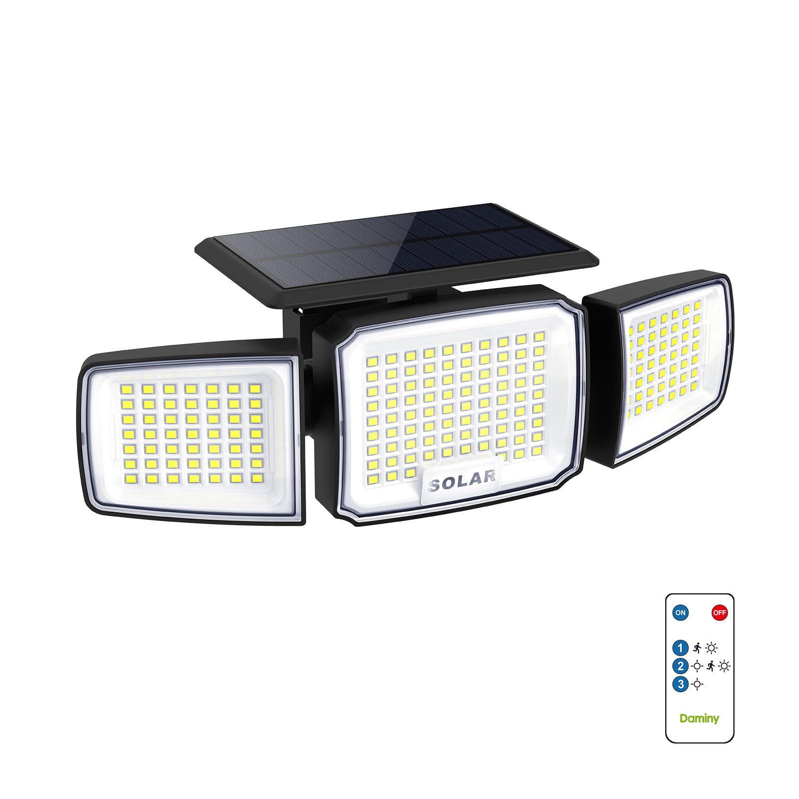 DAMINY Solar Security Light with Motion Sensor Super Bright LED Solar-Motion Lights Outdoor Waterproof Easy Install 3 Heads 270Wide Angle Flood Light with 3 Lighting Modes-1 Pack
