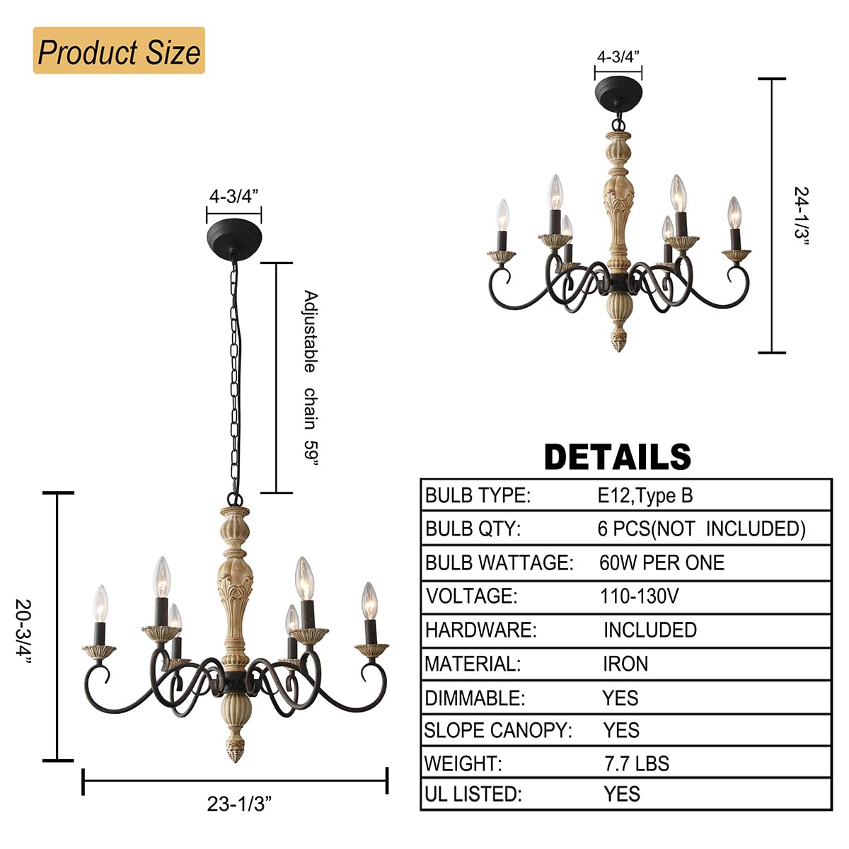 Cawabien 6-Light French Country Chandelier, Rustic Wood Finish, 23.3" Diameter, Ideal for Dining Room, Living Room, Kitchen, Brown Model ZR2996