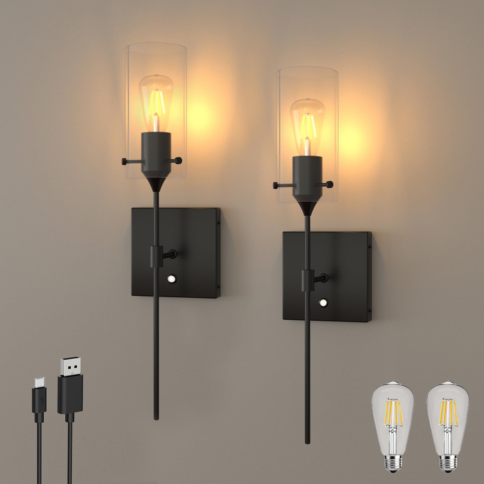 Thyfenno Dimmable Battery Operated Wall Sconce Set Of 2, Rechargeable Wall Mount Light No Wiring, Easy Install Wireless Wall Lamp For Living Room Bedroom Hallway Farmhouse Indoor, Bulb Included
