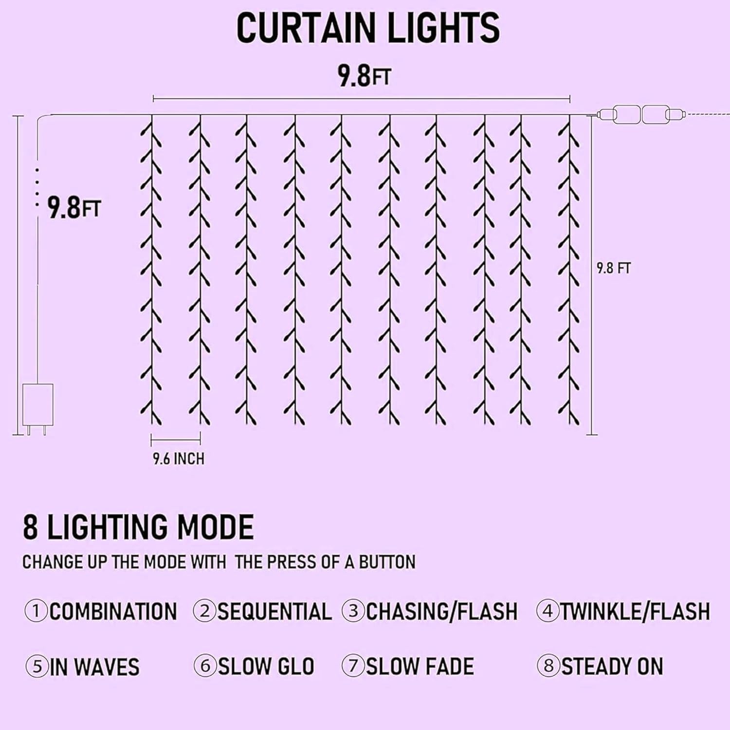 Dazzle Bright 300 LED Christmas Curtain String Lights, 8 Modes, Waterproof, Purple, Model CL-300CC