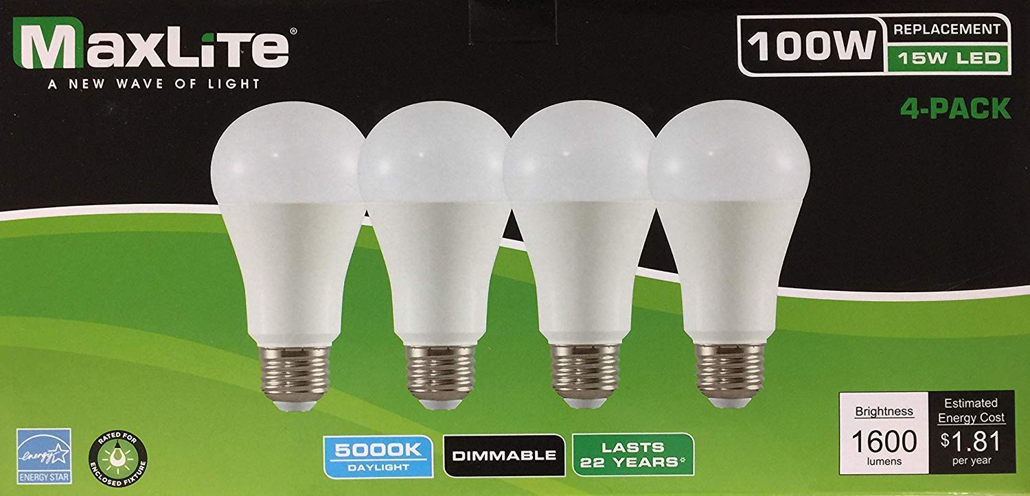 Maxlite LED Dimmable A19 Bulbs, 100W, Daylight 5000K, White, 4 Count Pack