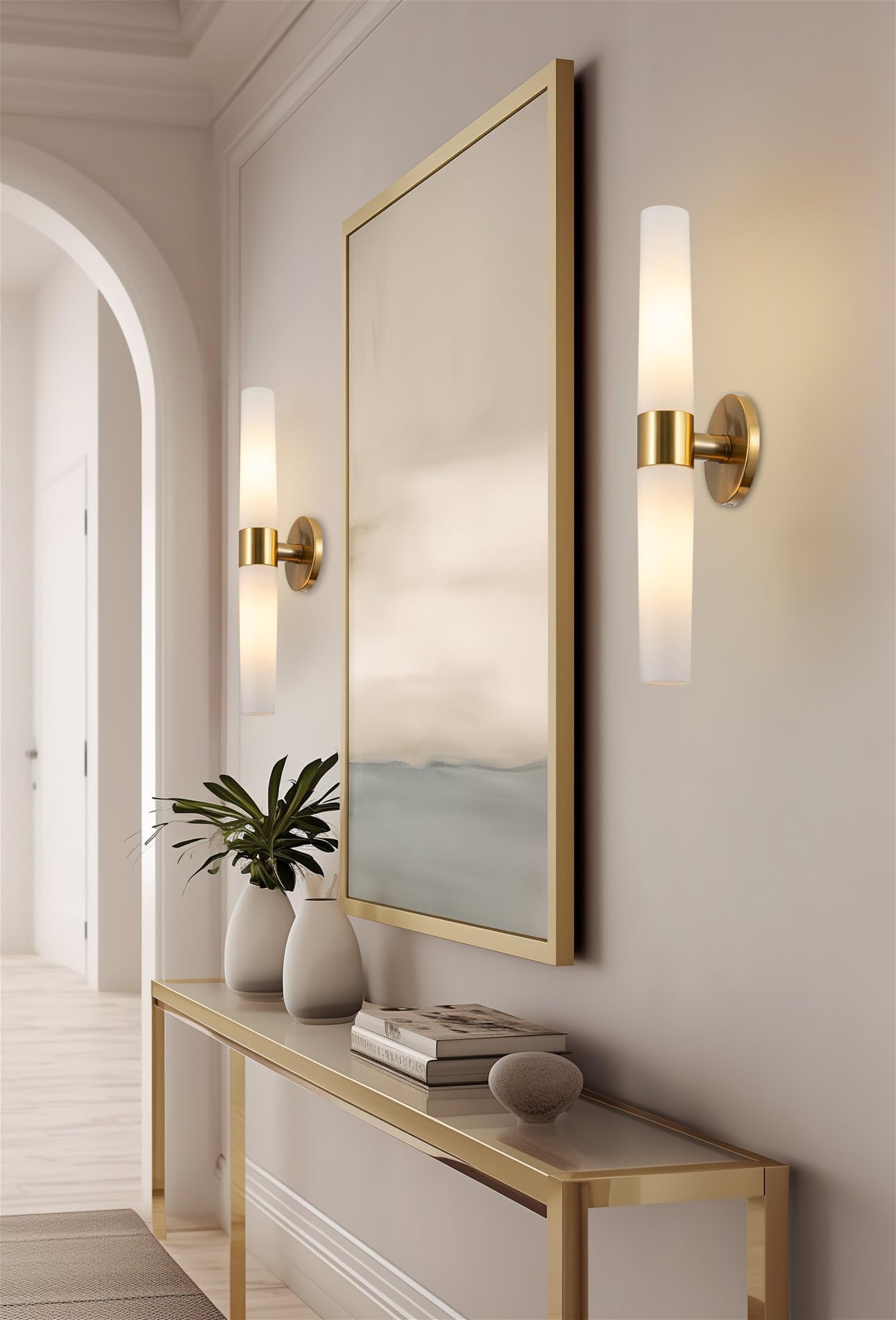 Kira Home Duo 21" 2-Light Modern Wall Sconce, Cool Brass Finish, Tapered Frosted Glass Shades, Model RV-W131-1747-CB