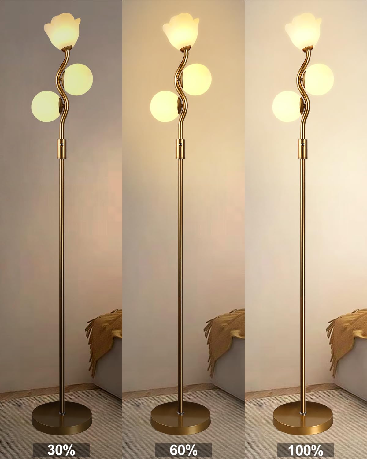 Lightdot 65In Dimmable Gold Floor Lamp For Living Room, Mid Century Modern Tall Standing Lamps With 1 Flower & 2Globe Lampshades