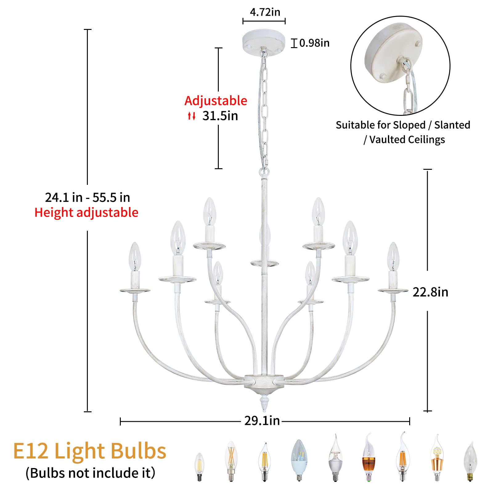 Rviezza French Country Chandelier, 9-Light Antique White Farmhouse Chandelier, 2-Tier Candle Modern Farmhouse Chandeliers For Di