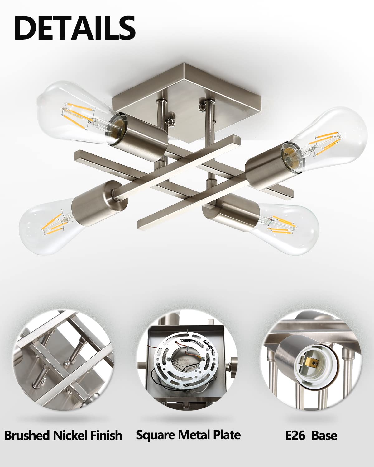 Youroke 4-Light Semi Flush Mount Ceiling Light, Modern Brushed Nickel Close To Ceiling Light Fixtures, Easy Assembled, House Ind