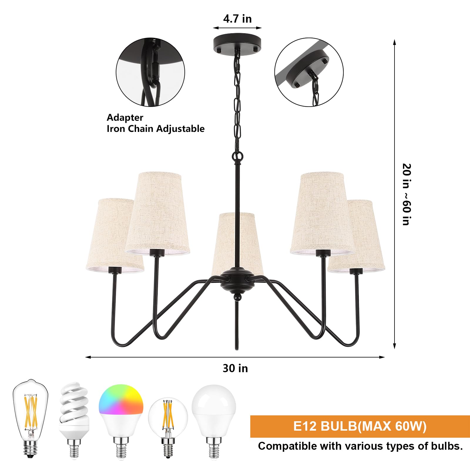 Jsdorsy Chandelier With Linen Shade  Black Dining Room Light Fixtures Over Table  Classic Pendant Light Fixtures Ceiling Hanging Lighting For Living Room Bedroom  5-Arm  30 Dia