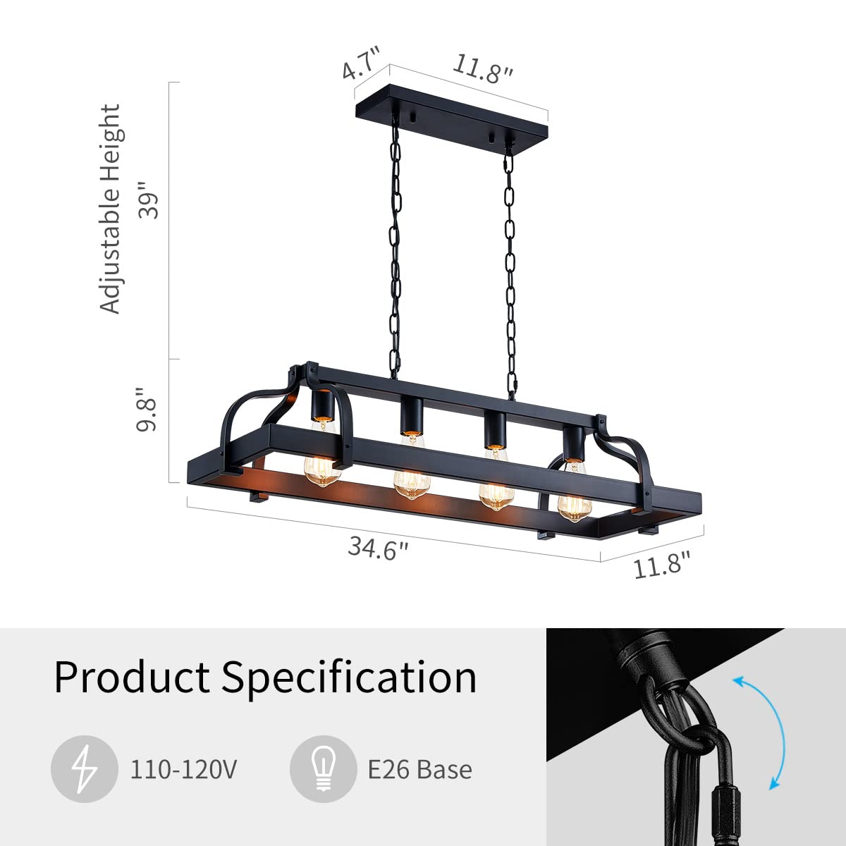 WUZUPS 4-Light Metal Chandelier Pendant Light, Rustic Black, H 9.8" x L 34.6" - Ideal for Kitchen Island & Dining Room, Model 6179