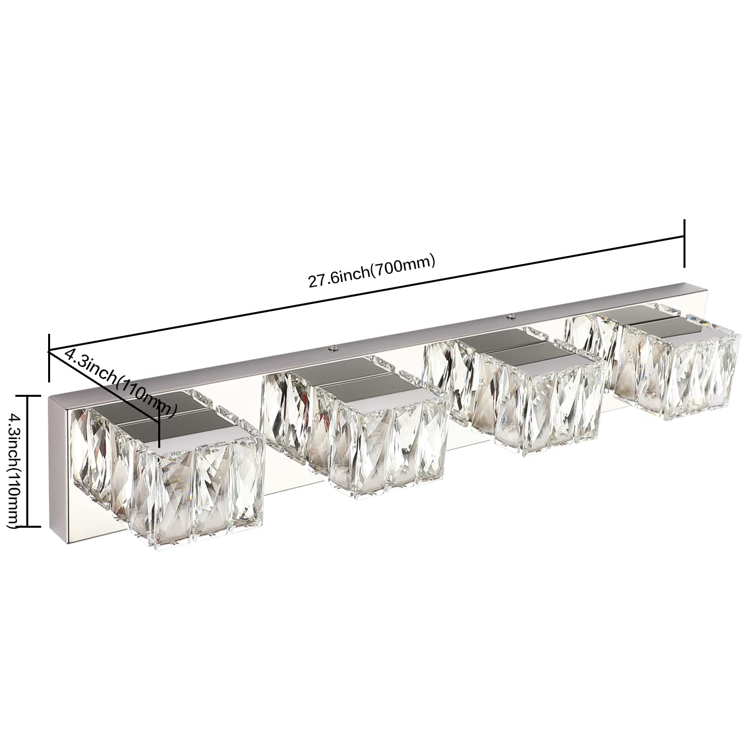 ZUZITO 4-Light Bathroom Vanity Light - Chrome Stainless Steel, Dimmable, 27.6" Size, Modern Crystal Design, Model Z7800-4T-6000k