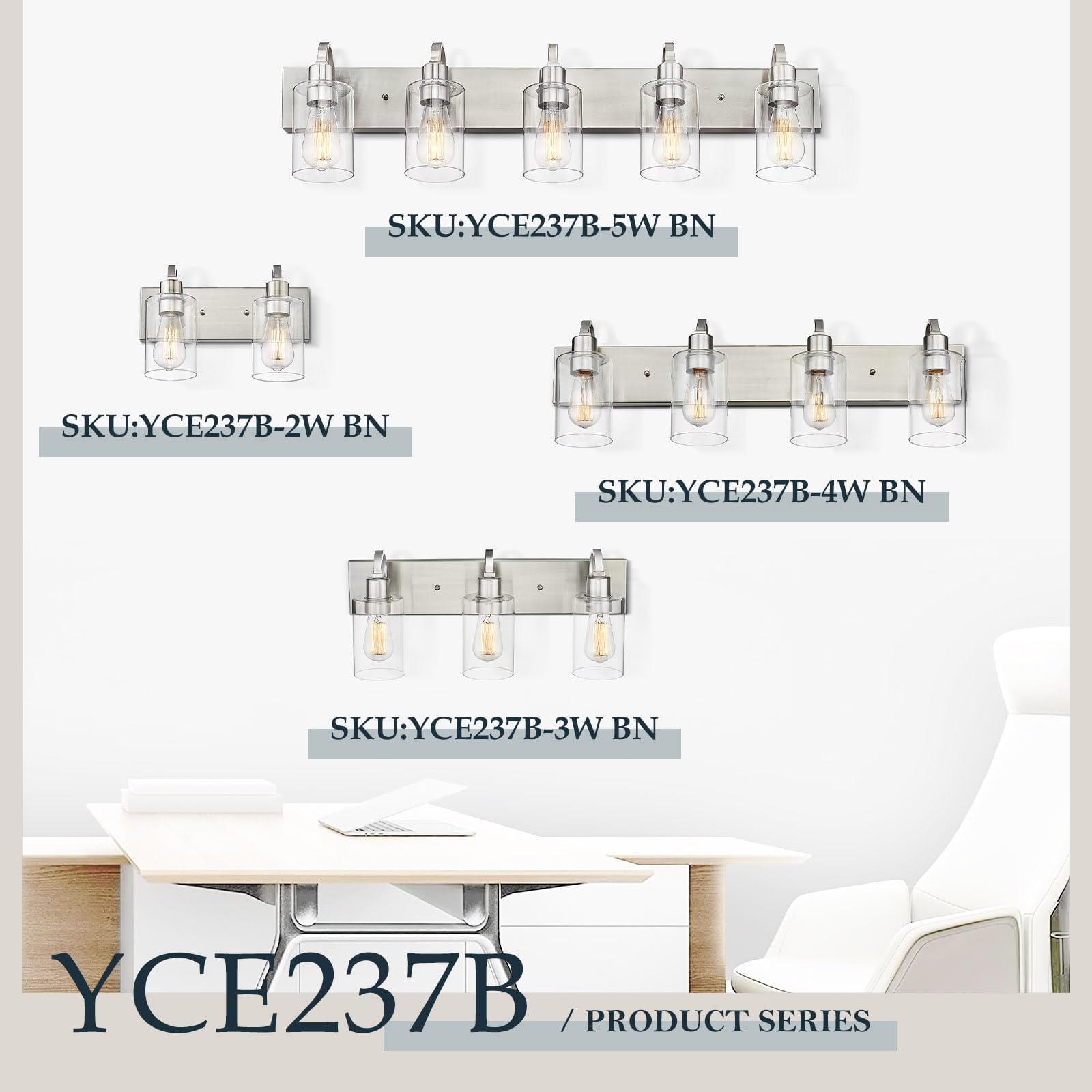 Emliviar 5-Light Brushed Nickel Bathroom Vanity Light Fixture With Clear Glass, 37"