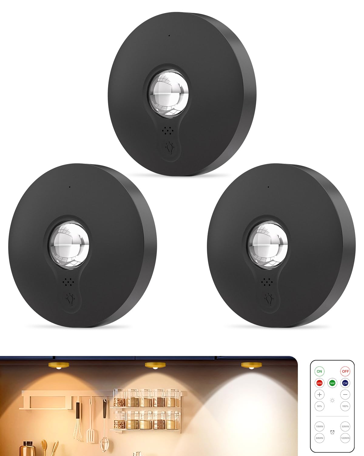 Aokpsrt Rechargeable RGB Puck Lights with Remote Control, 1500mAh Battery Operated Push Lights, Dimmable & Timer Under Cabinet L