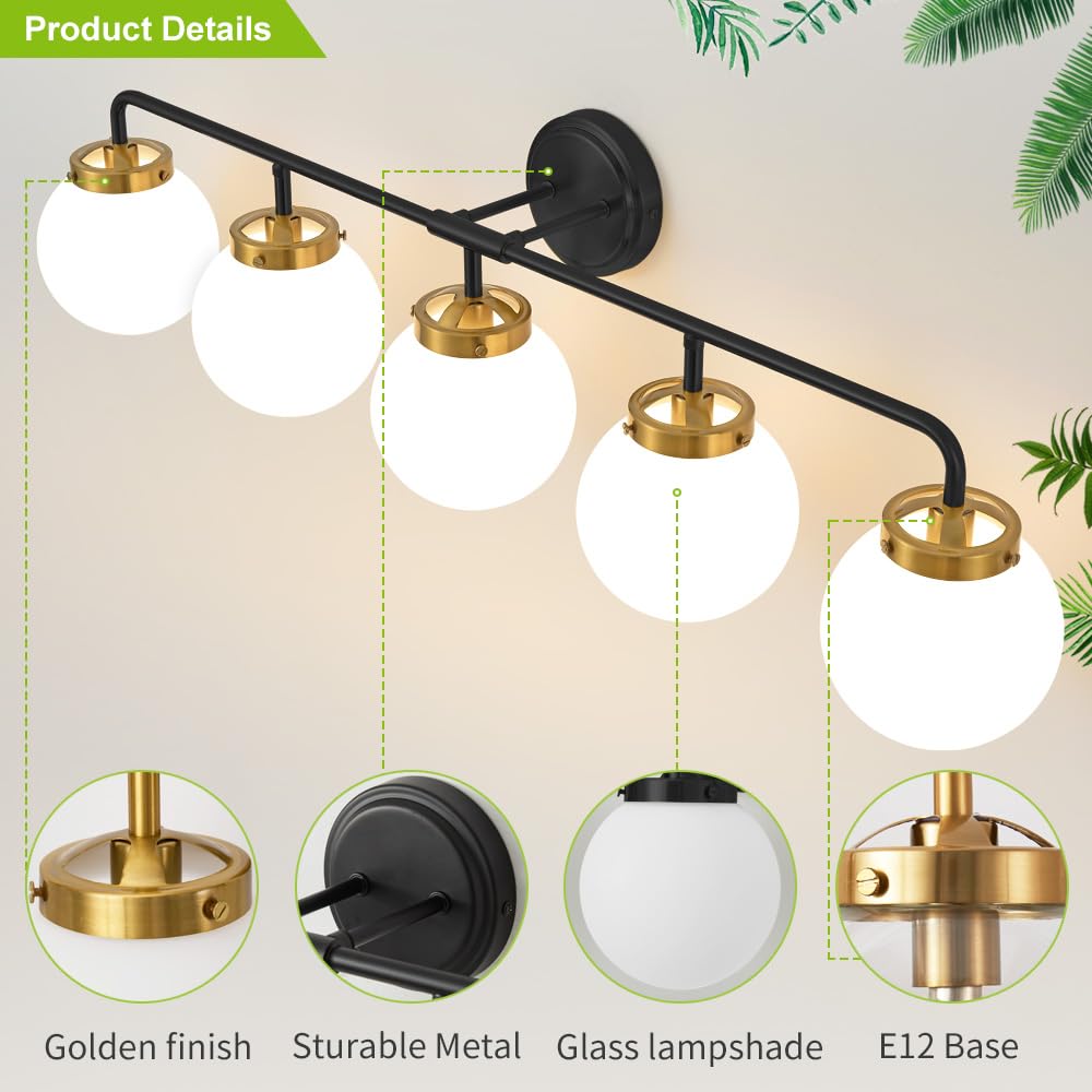 Deyidn Black Gold Bathroom Light Fixtures Over Mirror, Modern Vanity Lighting With Milk White Glass Globe Shades 5-Light Farmhou
