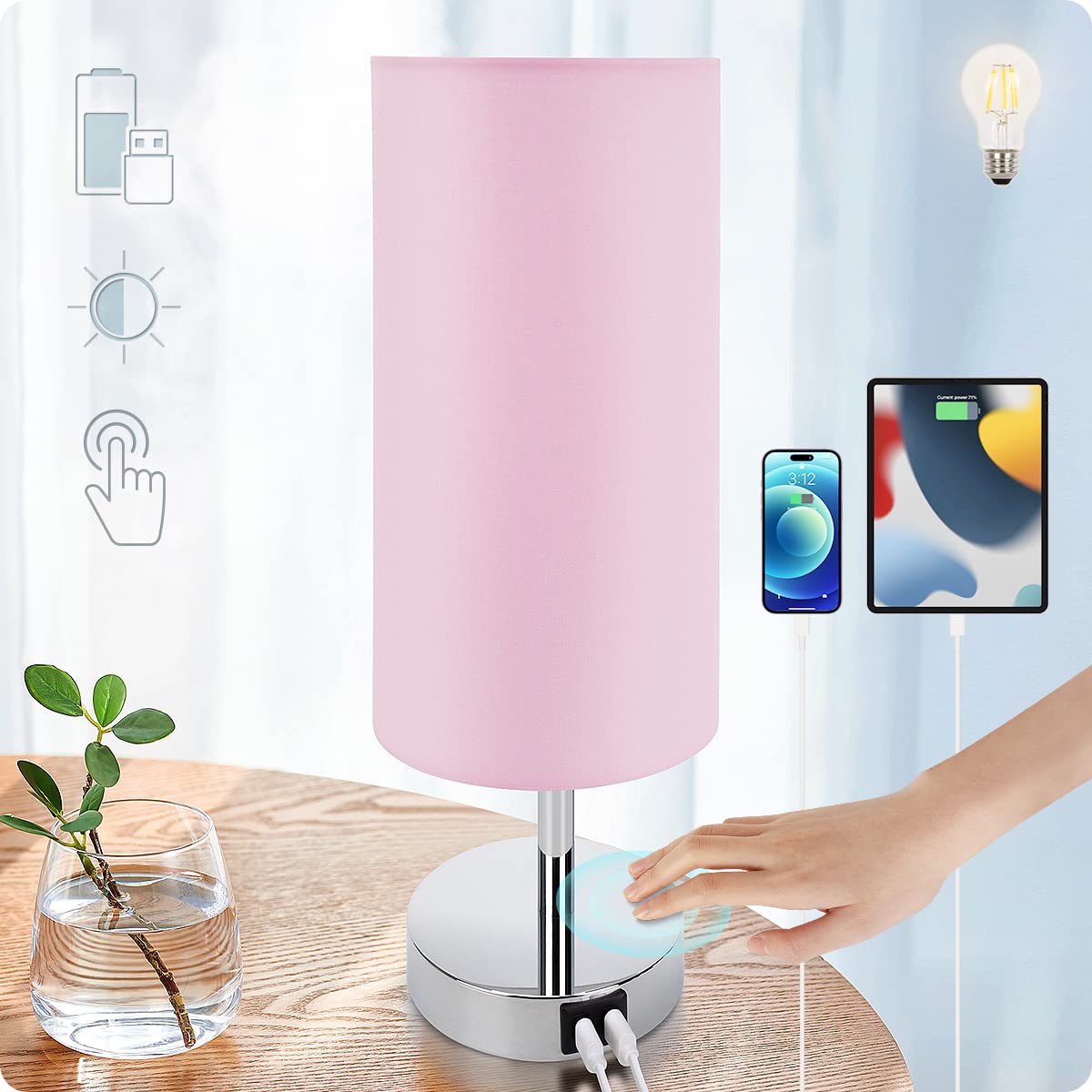 Yarra-Decor Bedside Lamp With Usb Port - Touch Control Table Lamp For Bedroom 3 Way Dimmable Nightstand Lamp With Round Pink Fabric Shade For Living Room, Dorm, Home Office (Led Bulb Included)