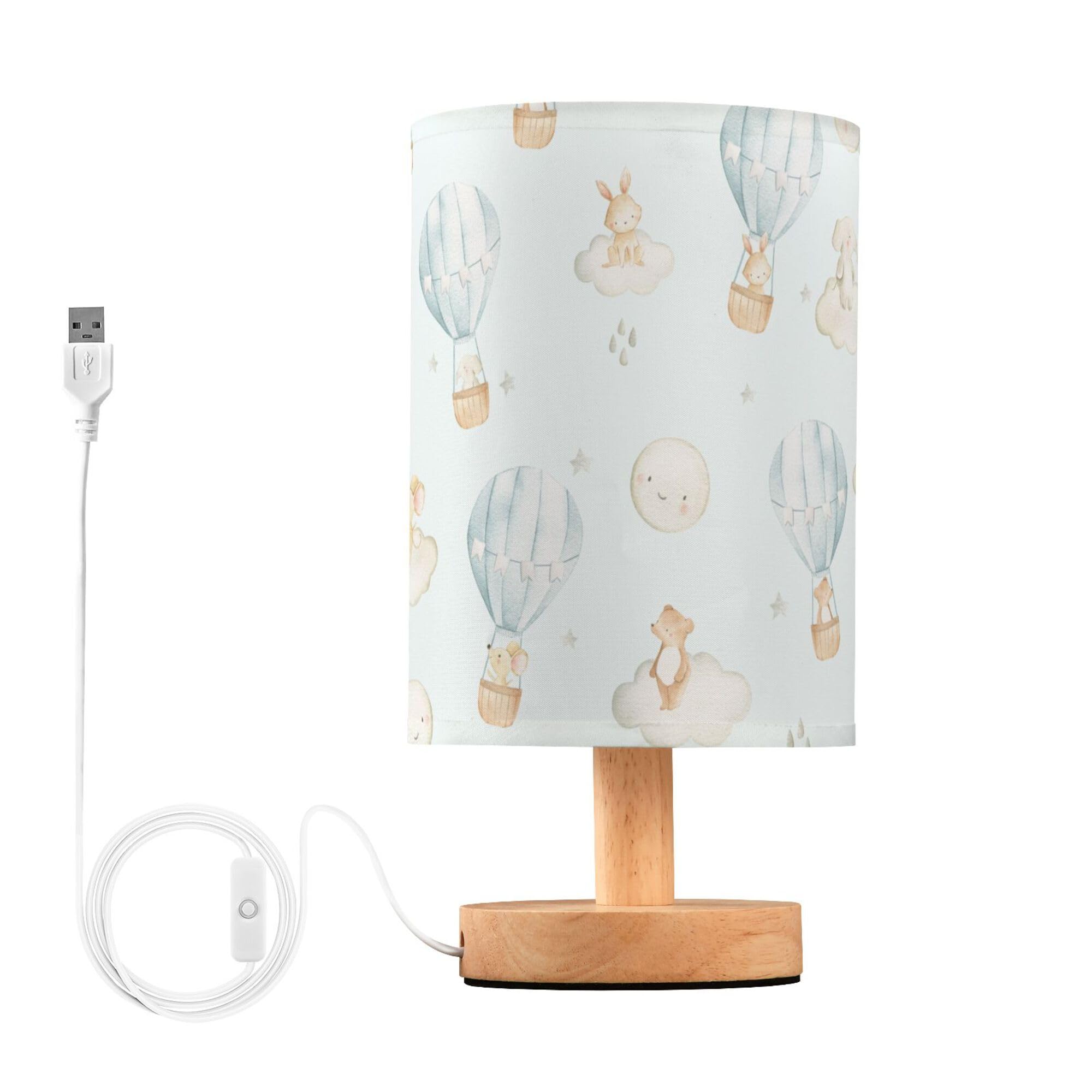YYZZH Table Lamp Watercolor Hot Air Balloon Elephant Rabbit Bear Mouse Moon Star Nightstand Lamp with Wood Base Fabric Lamp Shad