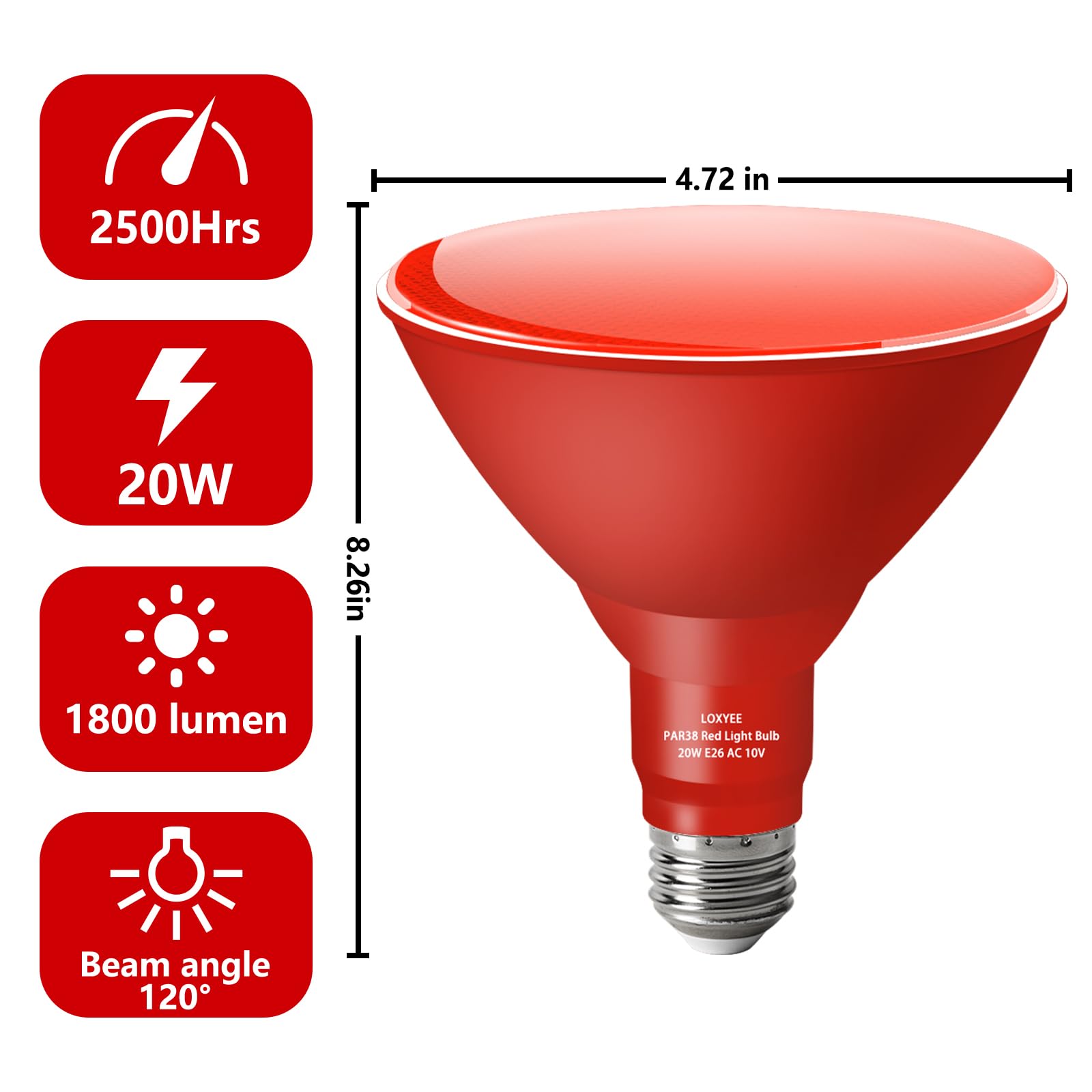 LOXYEE PAR38 Flood Light Bulb, Dimmable, E26 Base, 20W Replace to 200W, 2 Pack, Red